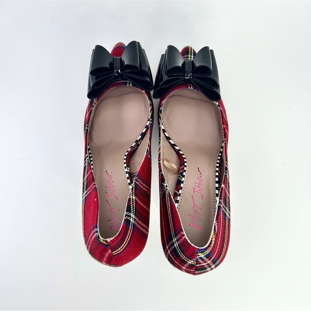 Betsey Johnson Bret Pumps 7 Red Tartan Plaid Black Bow Stiletto Cocktail Heels - Picture 9 of 12